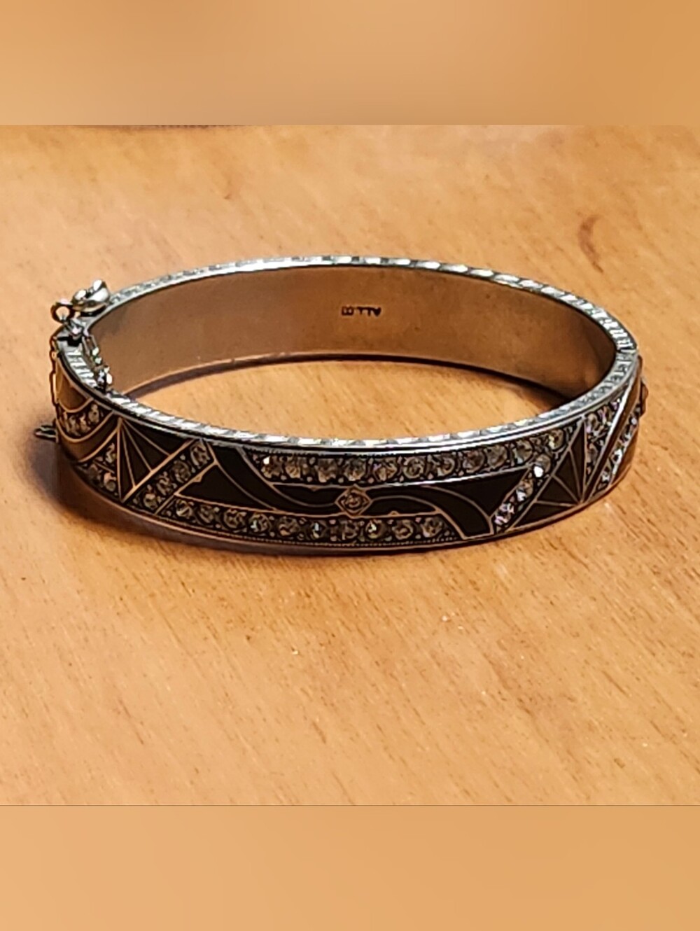 Original Antique Art Deco Sterling Silver Enamel And Glass Rhinestone Bangle